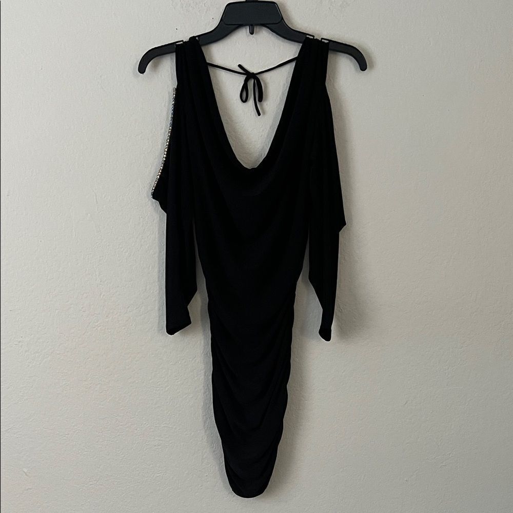 Symphony Black Cold Shoulder Body Con Dress with Gems on Sleeves in Size S